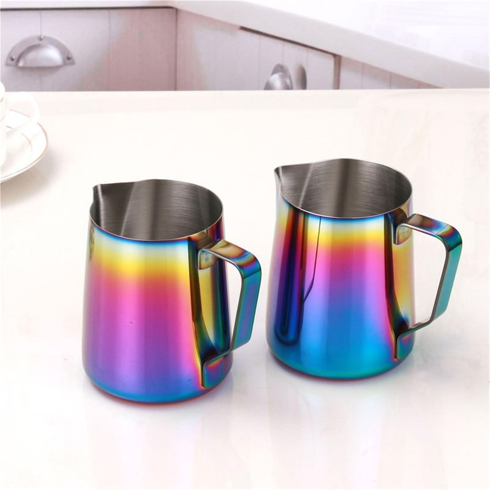 Jarra de espuma de leche de acero inoxidable, 350 ml y 600 ml, tazas de crema para café, arte con leche y espuma de leche, herramienta de cocina duradera y fácil de limpiar