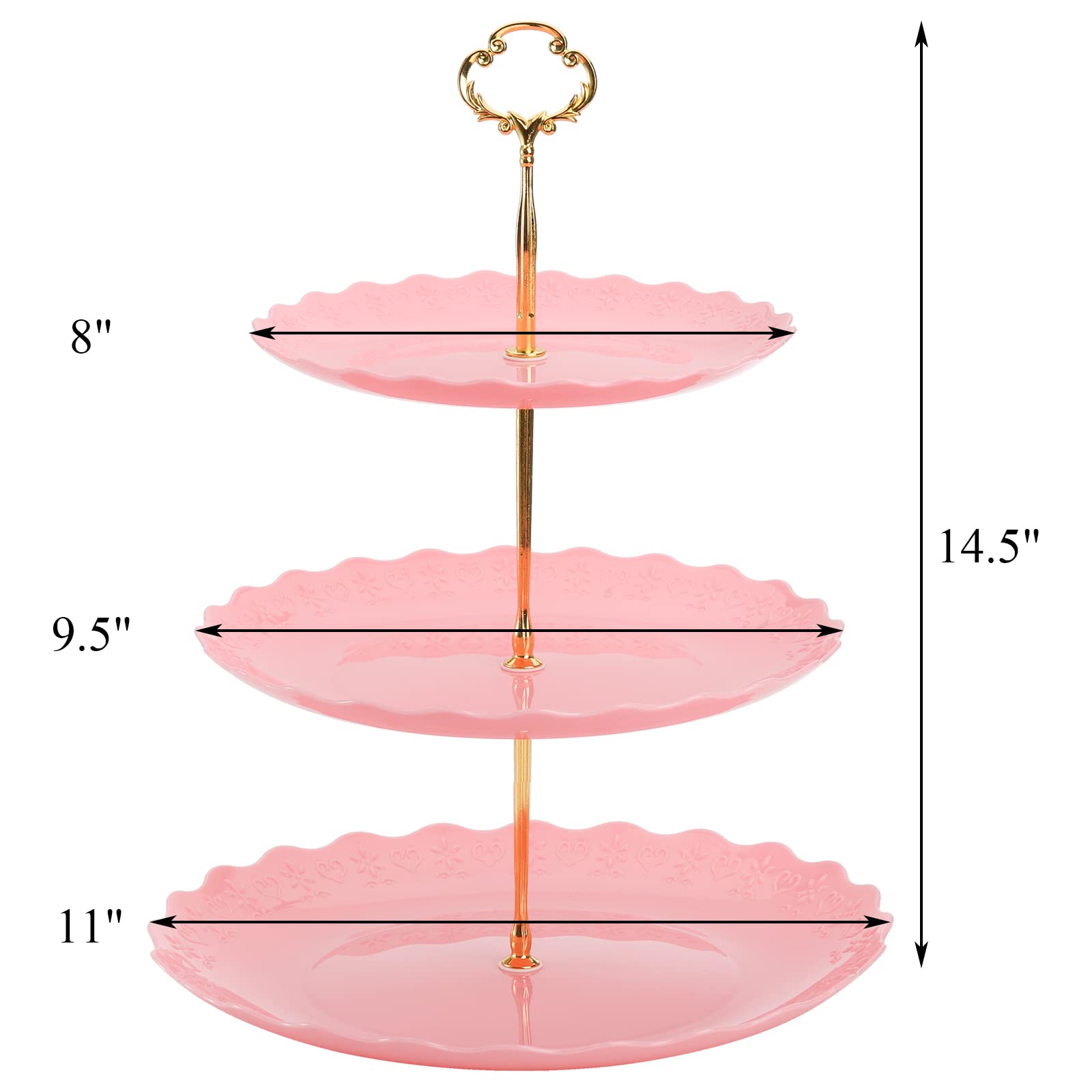 Tosnail 3 Pack 3 Tiers Pink Plastic Cupcake Stand Dessert Stand Tiered Serving Trays with 3 Styles Gold Rod, Party Serving Trays Fruit Pastry Holders for Wedding and Party - Heart and Flower Embossed
