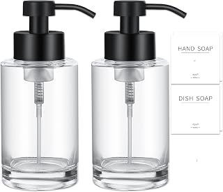 Foaming Soap Dispenser Set, 12 Oz Glass Hand Soap Dispenser with 304 Rust Proof Stainless Steel Pump, Waterproof Labels, for Bathroom Decor Kitchen College Dorm, Clear Black Pump 2 Pack
