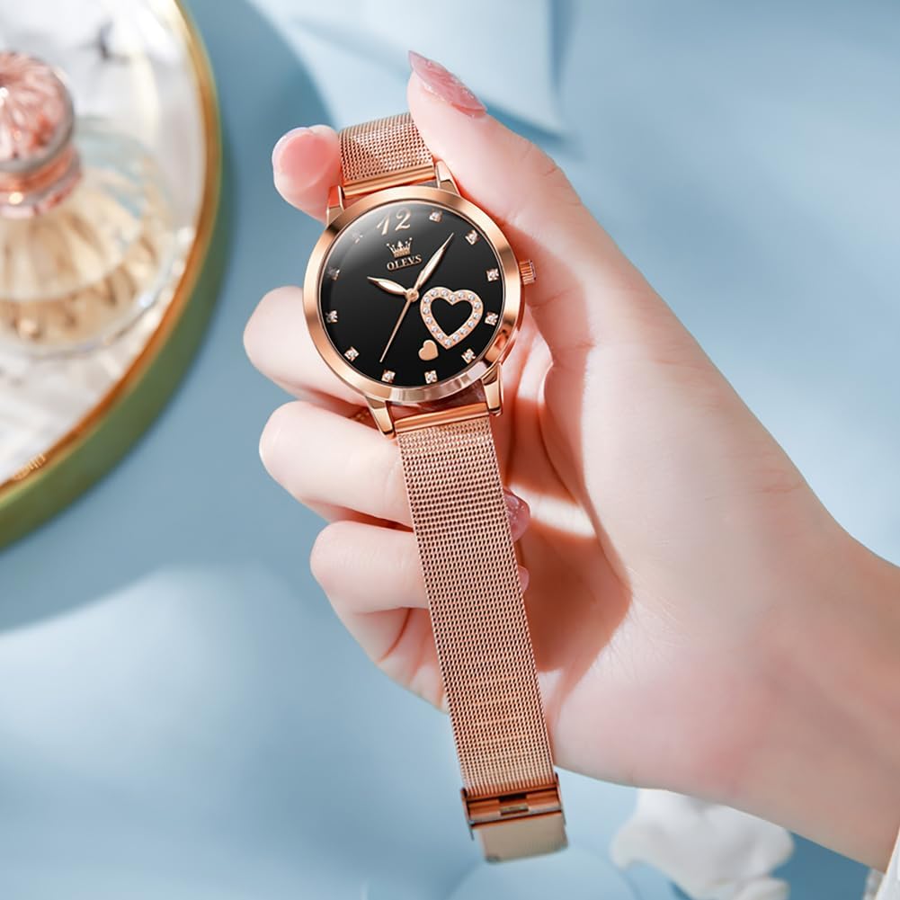 OLEVS Women's Watch Luxury Dress Rose Gold Women Slim Thin Lightweight Watch Stainless Steel Mesh Watches Fashion Waterproof Ladies Wrist Watch Black White Blue Face,Adjustable Bracelet - Image 3