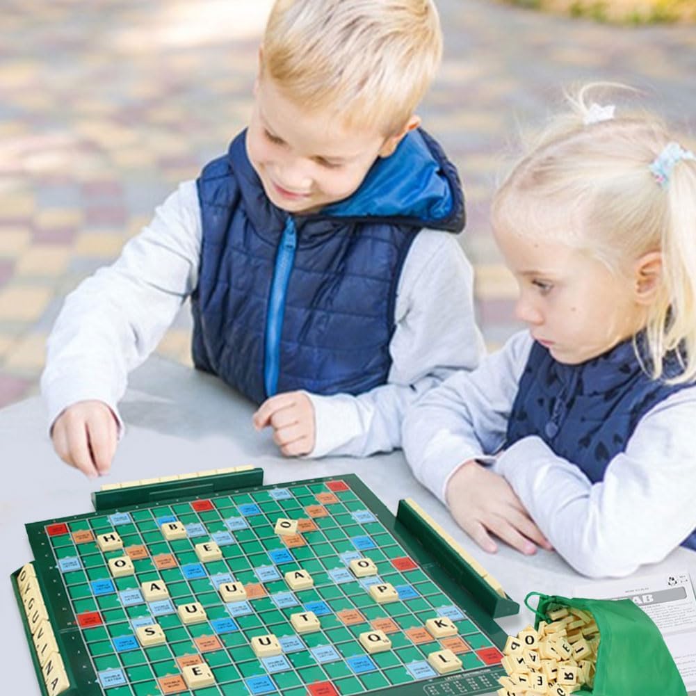 Jeu de Société Éducatif Mots Classique avec 100 Lettres Plateau 4 Chevalets Sac Apprentissage Orthographe Enfants 6 Ans+