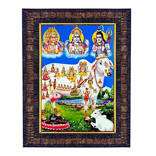 Image of Hawai Lord Brahma Vishnu Mahesh with Kamdhenu Cow Photo Frame, Size- 8.5x7inch | Engineered Wood Wall Hanging Home Decor Religious Frame | SFDI288BLKFRM