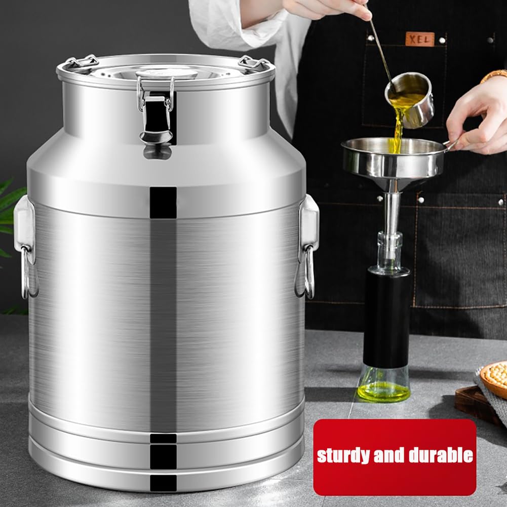 Contenedor de almacenamiento de líquidos de acero inoxidable con tapa sellada y asa de transporte para conservación de alimentos y bebidas