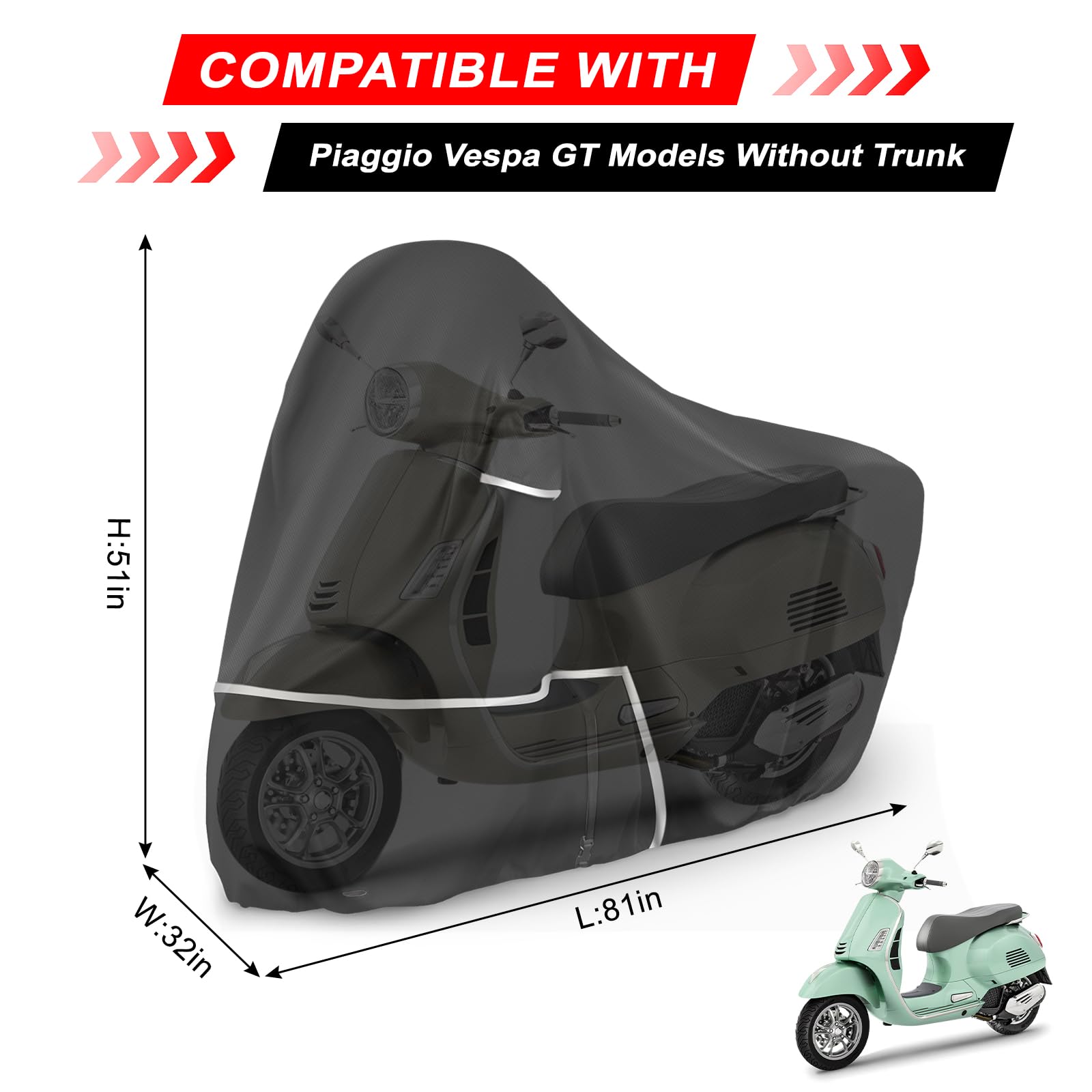 Telo Copri da Esterno per Piaggio Vespa GTV GTS GT60/125/200/250/300 (senza bagagliaio), Telo Copertura Coprimoto Copri Moto Vespa 125 420D Tessuto Oxford Impermeabile Resistente All'inverno, Nero