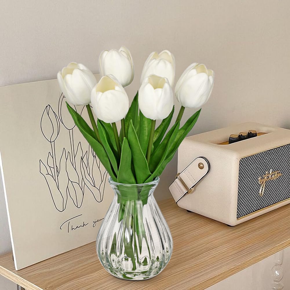 Oairse Artificial Tulips Flowers Floral Arrangement - 6 Stems Faux Flowers with Clear Glass Vase with Faux Water 12.5" White Fake Tulips Bouquet Centerpiece for Table Living Room Home Office Decor