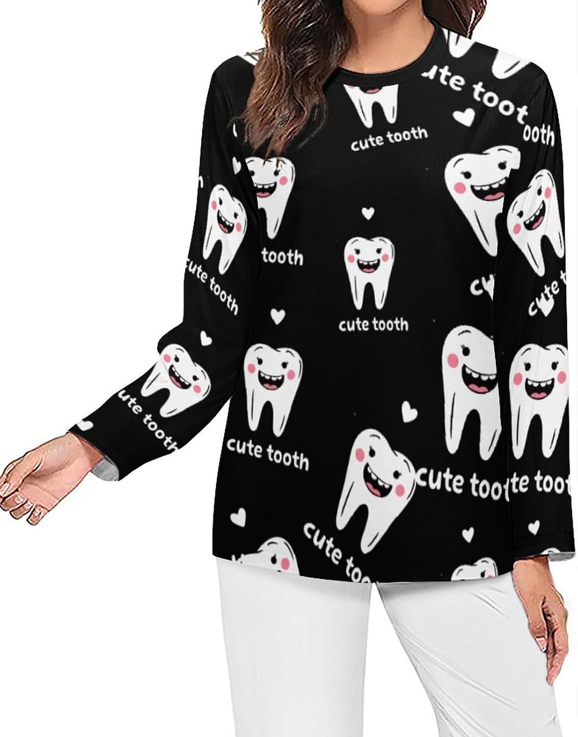 Cute Tooth Women's Pajama Top Sleepwear Pajamas Sleep T-Shirt Long Sleeve Shirt Crewneck Tee