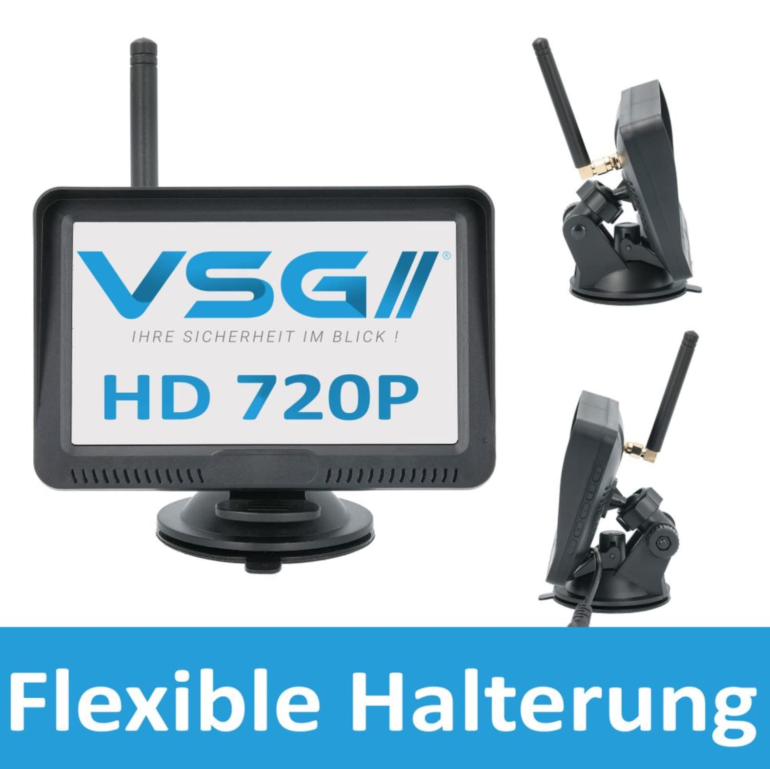 VSG24 5“ HD Set 2 Kameras Funk Rückfahrsystem Premium ONE für PKW, KFZ Set kabellos inkl. Rückfahrkamera + Monitor, einfach zum Nachrüsten 12V-24V, Nummernschild Kamera digital, Auto Rückspiegel