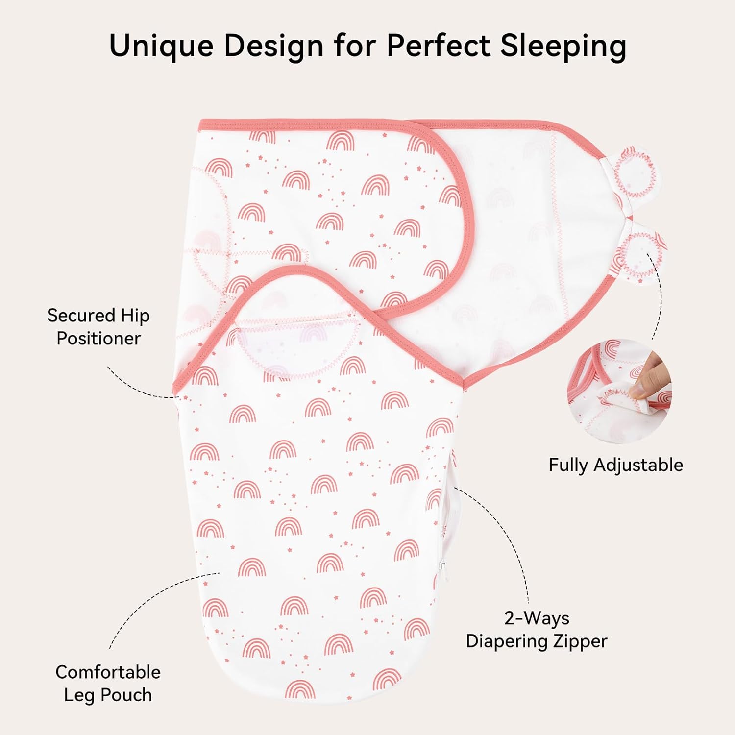 Unnivoll Baby Swaddles for Newborns with Zipper, 100% Cotton Newborn Swaddle Sack, 3 Pack Baby Swaddles 0-3 Months Swaddle Sleep Sack for Newborn Baby Boy Girl White Pink Rainbow - Image 3