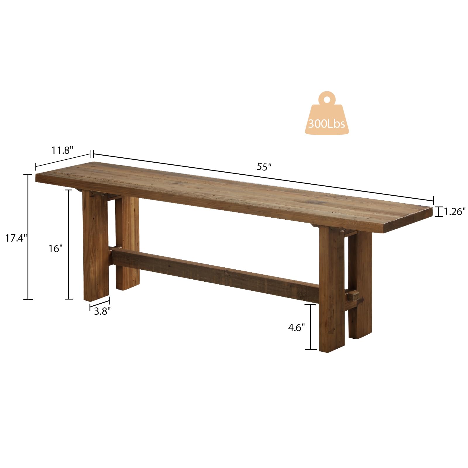 Reclaimed Solid Wood Bench, 55" Farmhouse Entryway Bench | Narrow Indoor Bench with Rustic Charm, Hallway, Kitchen, Dining, Bedroom