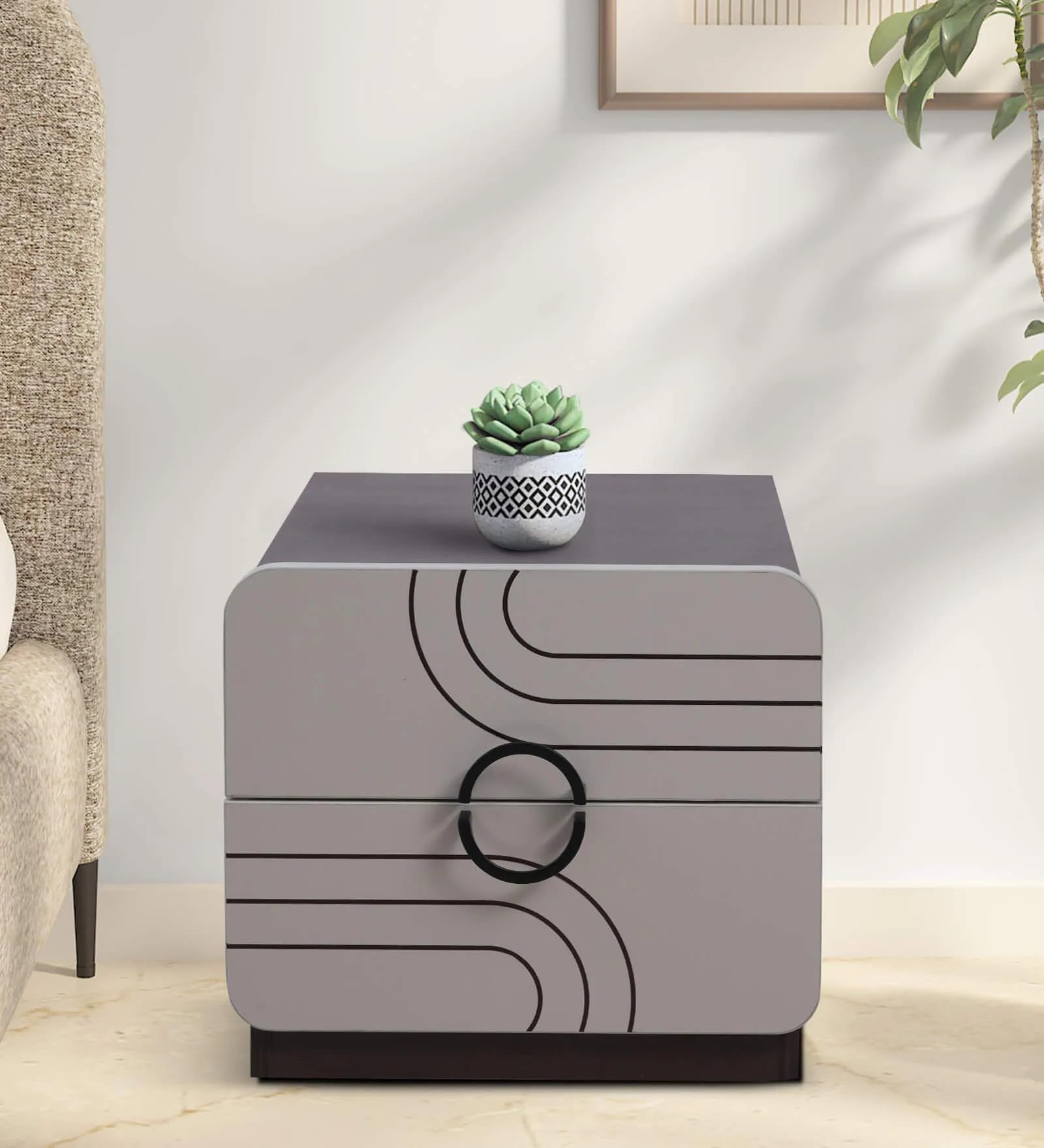 Modern Bedside Table with 2 Drawers | Engineered Wood Nightstand with Cream Finish & Dark Acacia Color | Bedroom Side Table-image-49