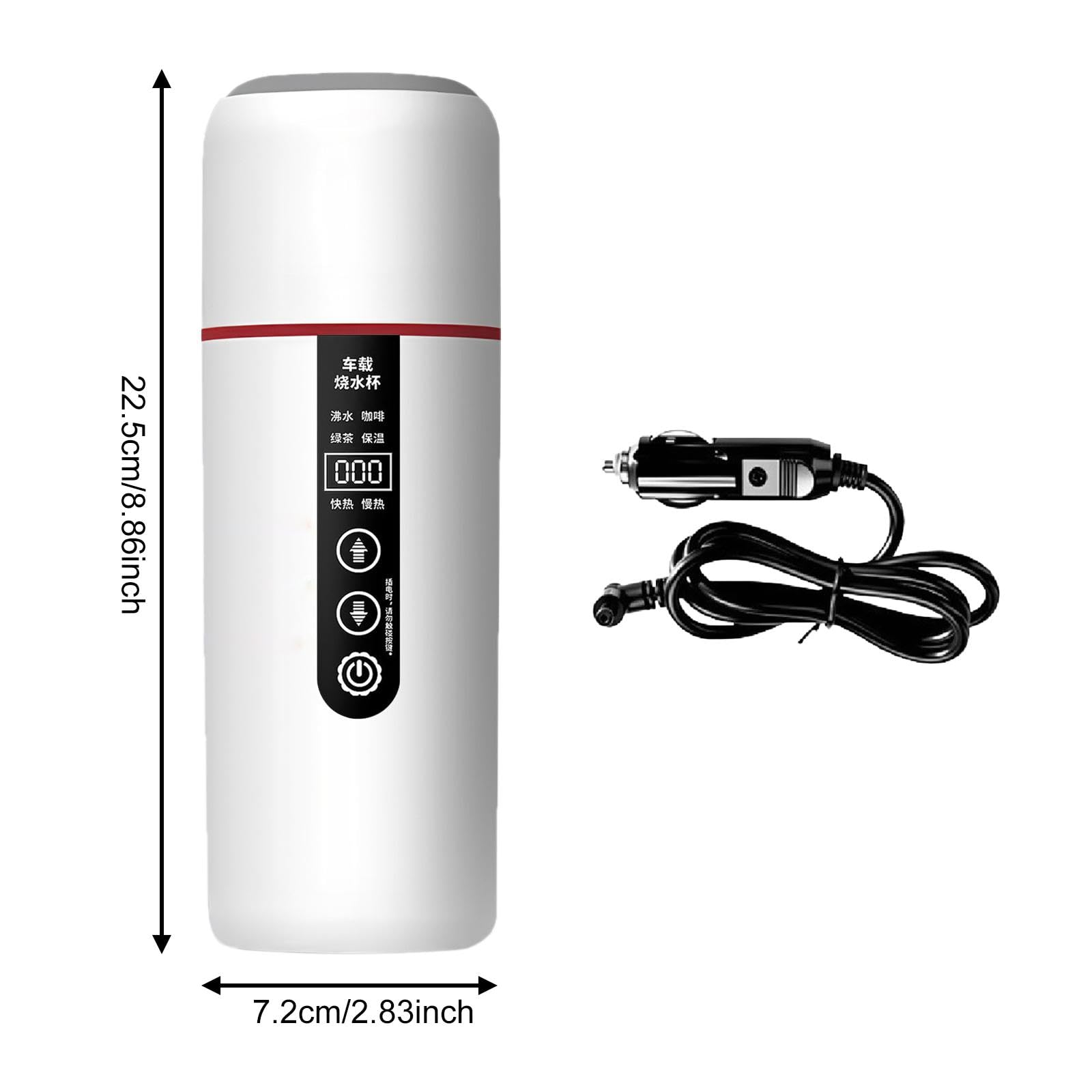 Bouilloire Voiture Électrique Tasse Chauffante Gourde INOX Affichage LED Maintien Température Pratique Adaptée Randonnée Camping Travail, Blanc
