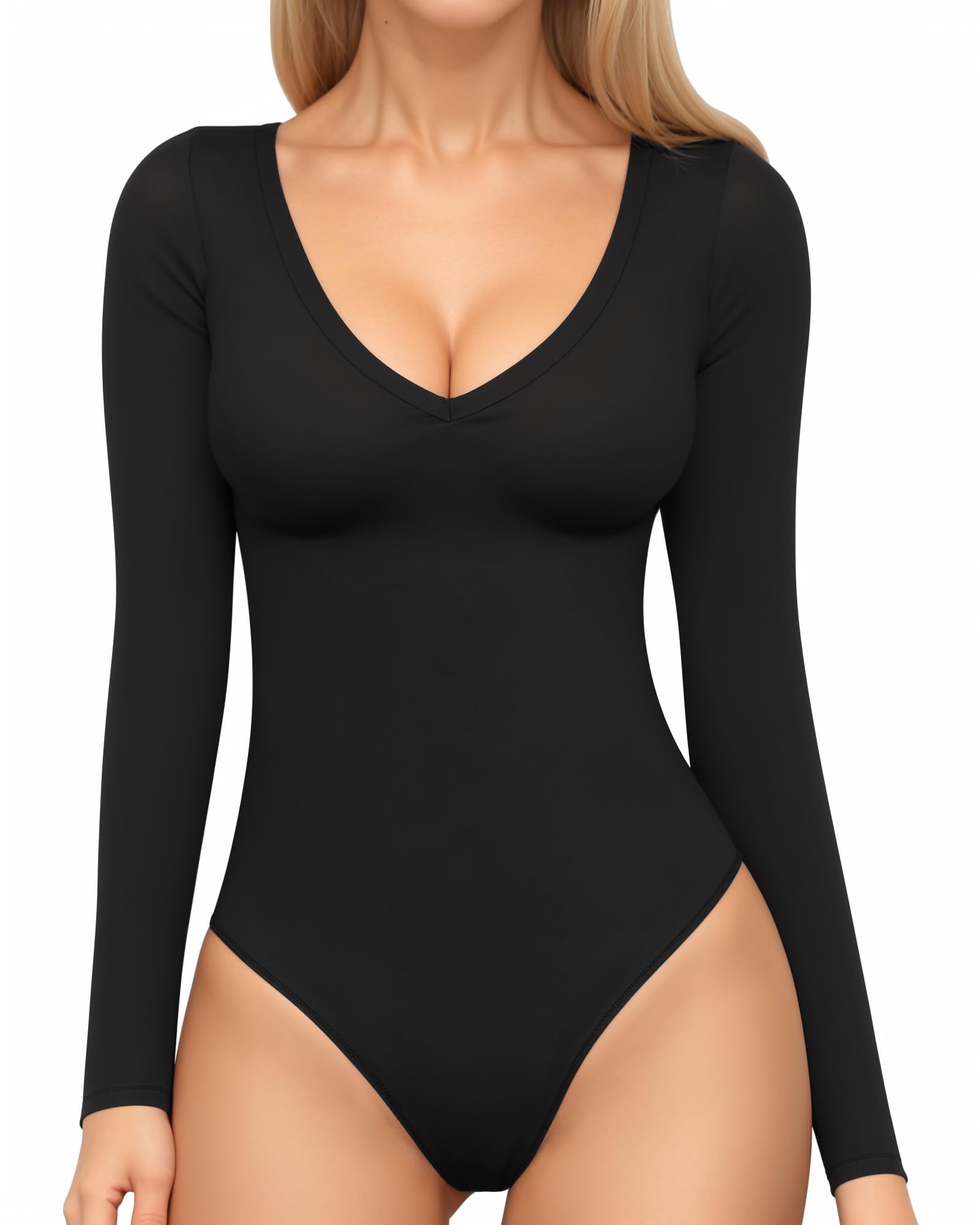 MANGOPOP Women's Long Sleeve Short Sleeve Bodysuit Sexy V Neck Body Suits Fitted Fall Going Out Tops