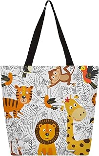 Sacola de lona para mulheres Aniaml leão macaco folha de palmeira sacolas grandes para homens com bolsos sacolas de compras resistentes reutilizáveis sacolas de compras, bolsa de ombro casual para escola, trabalho, praia, Multicor