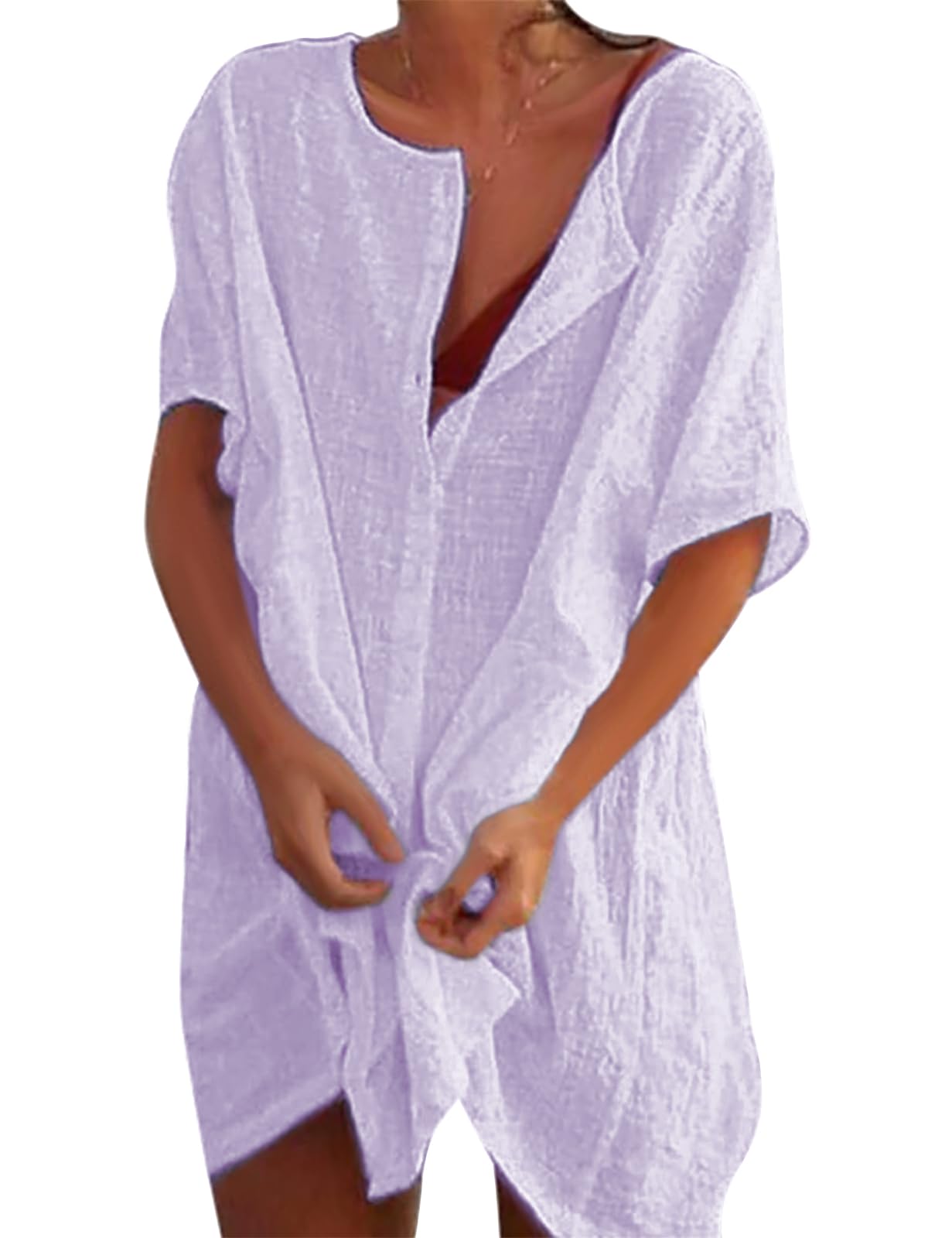 Svanco Mujer Vestido de Playa Transparentes Algodón Blusa de Bikini Cover up Suelto Verano Camisolas y Pareos Color Sólido Casual Ropa de Playa con Boton Trajes de Baño Pareos