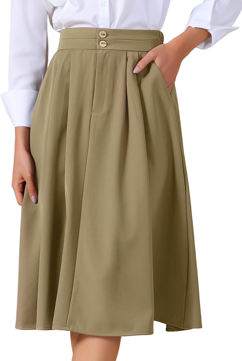 Allegra K Women High Waisted Skirts Midi Length Flowy A-Line Business Casual Office Work Skirt with Pockets