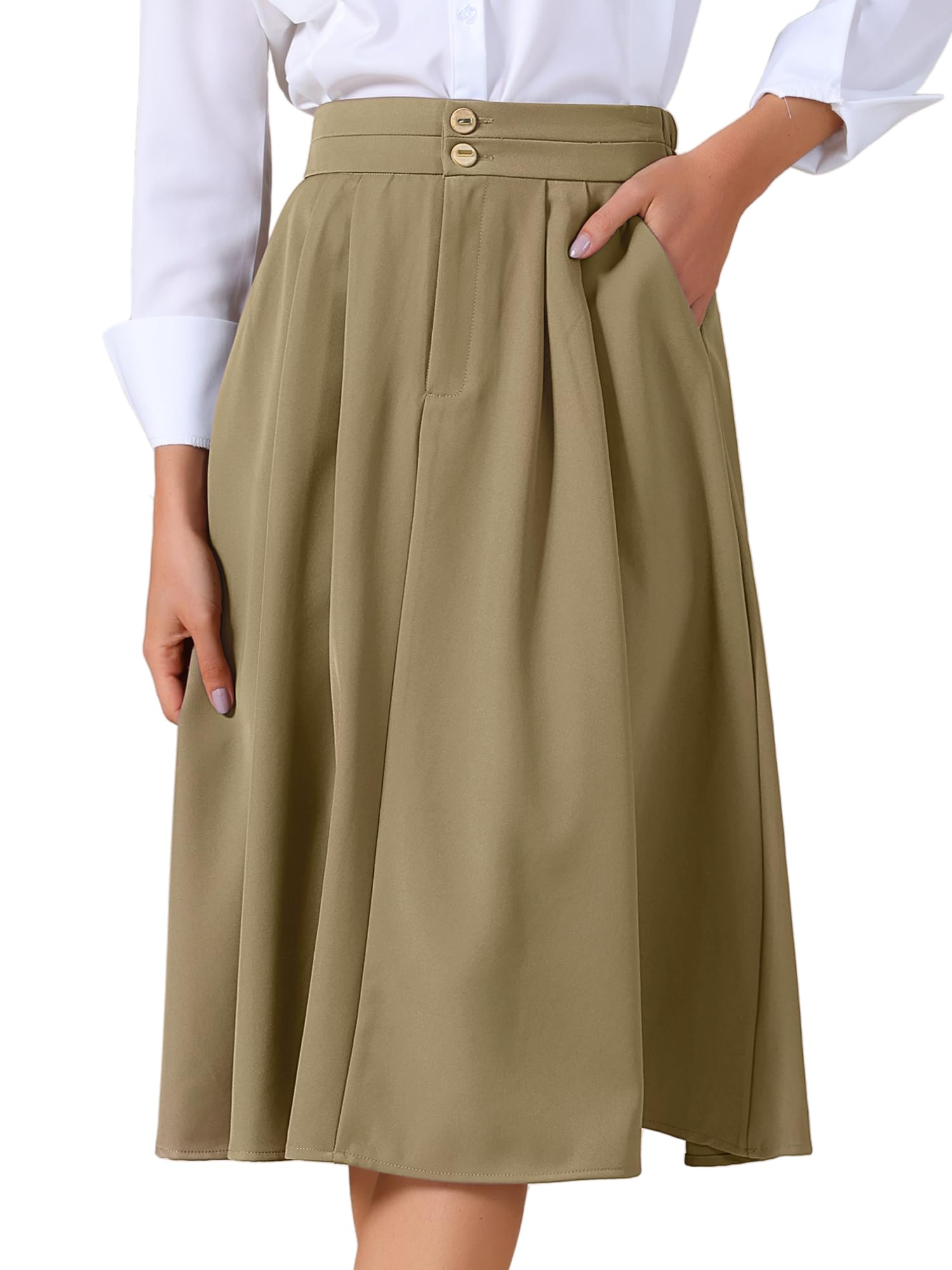 Allegra K Women High Waisted Skirts Midi Length Flowy A-Line Business Casual Office Work Skirt with Pockets