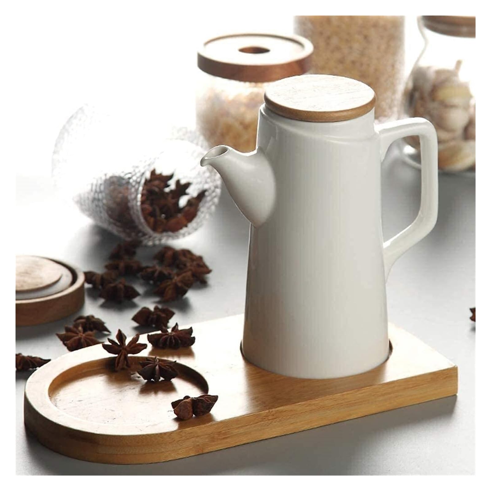 Set Olio e aceto Dispenser for Olio e aceto, Bottiglia di aceto da 500 ml Olio in Ceramica Salsa di soia Bottiglia Pentola da Cucina Bottiglie con Coperchio in Legno a Prova di Polvere Oliera