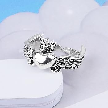 Anello Con Ali D'Angelo Dishowme - Vintage A Forma Di Cuore, Regolabile, Per Donne E Ragazze, Lega Con Placcatura Argento - Foto 11
