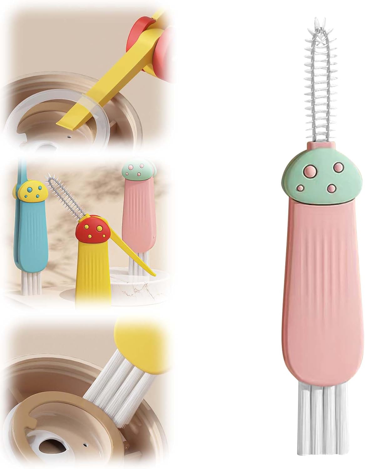 3 in 1 Cup Lid Cleaning Brush, New Multifunctional Crevice Portable Cup Lid Cleaning Brush, for Baby Bottle Gap Tight Spaces, Home Kitchen Cleaning Tools (Pink)