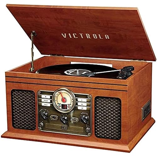 Victrola The Quincy 6-in-1 Bluetooth Record Player & Multimedia Center with Built-in Speakers – 3-Speed Turntable, CD & Cassette Player, AM/FM Radio, Wireless Music Streaming (Mahogony)