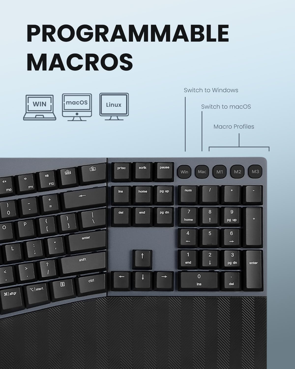 Perixx PERIBOARD-535BL Ergonomische kabelgebundene mechanische Tastatur, volle Größe, diskrete Blaue Klickschalter, kompatibel mit Windows und macOS