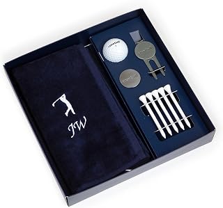 Personalised Golf Gift Box Set with Embroidered Towel (Any Name), Ball Marker. Divot Repair Tool, Golf Ball, Golf Tees Pack