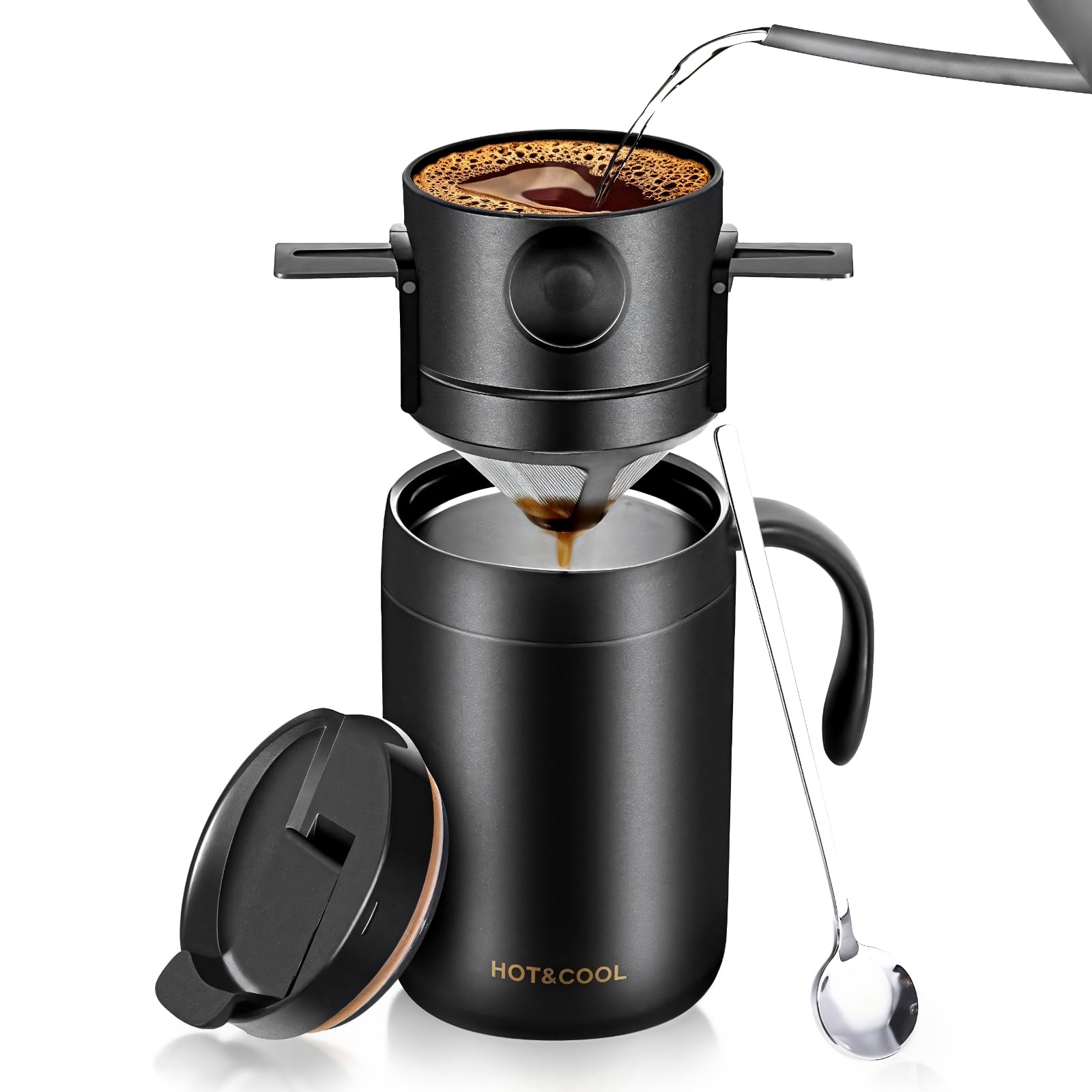 Bosreroy Stainless Steel Pour Over Coffee Maker for Travel, Office, and Home, Set Includes Spoon and Filter