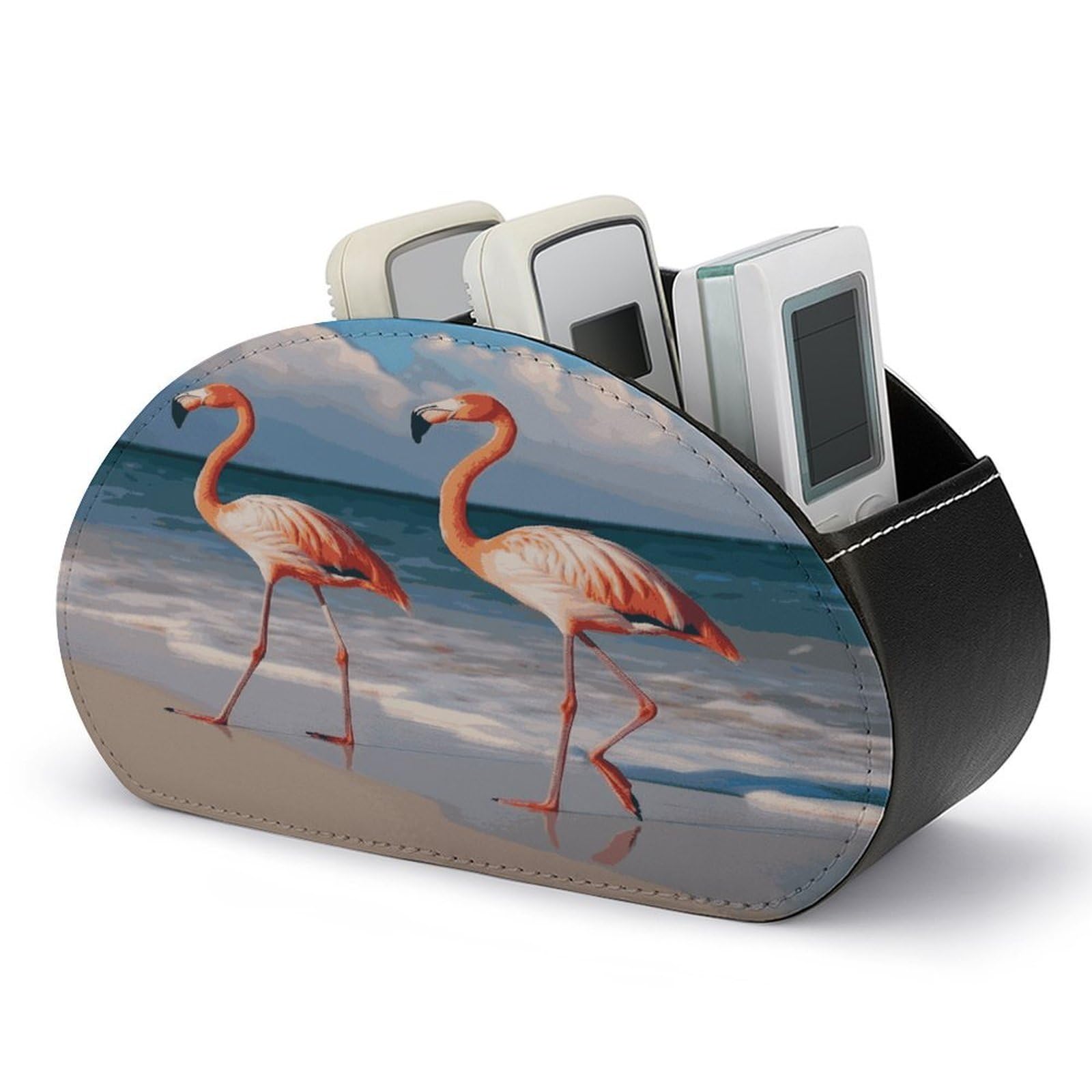 LDGSUPH Pink Flamingo Walking on The Beach Remote Control Holder with 5 Compartments PU Leather TV Remote Caddy Storage Box Multi-functional Desk Storage Organizer Box Anti-slip Desktop Caddy