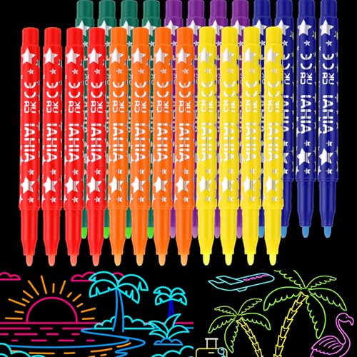 Faccito 24 Pcs Glow in the Dark Markers Fluorescent Neon Marker Glow in the Dark Paint Pens Round Tip Acrylic Neon Paint Markers for Rock Painting Fabric Glass Wood and DIY Crafts