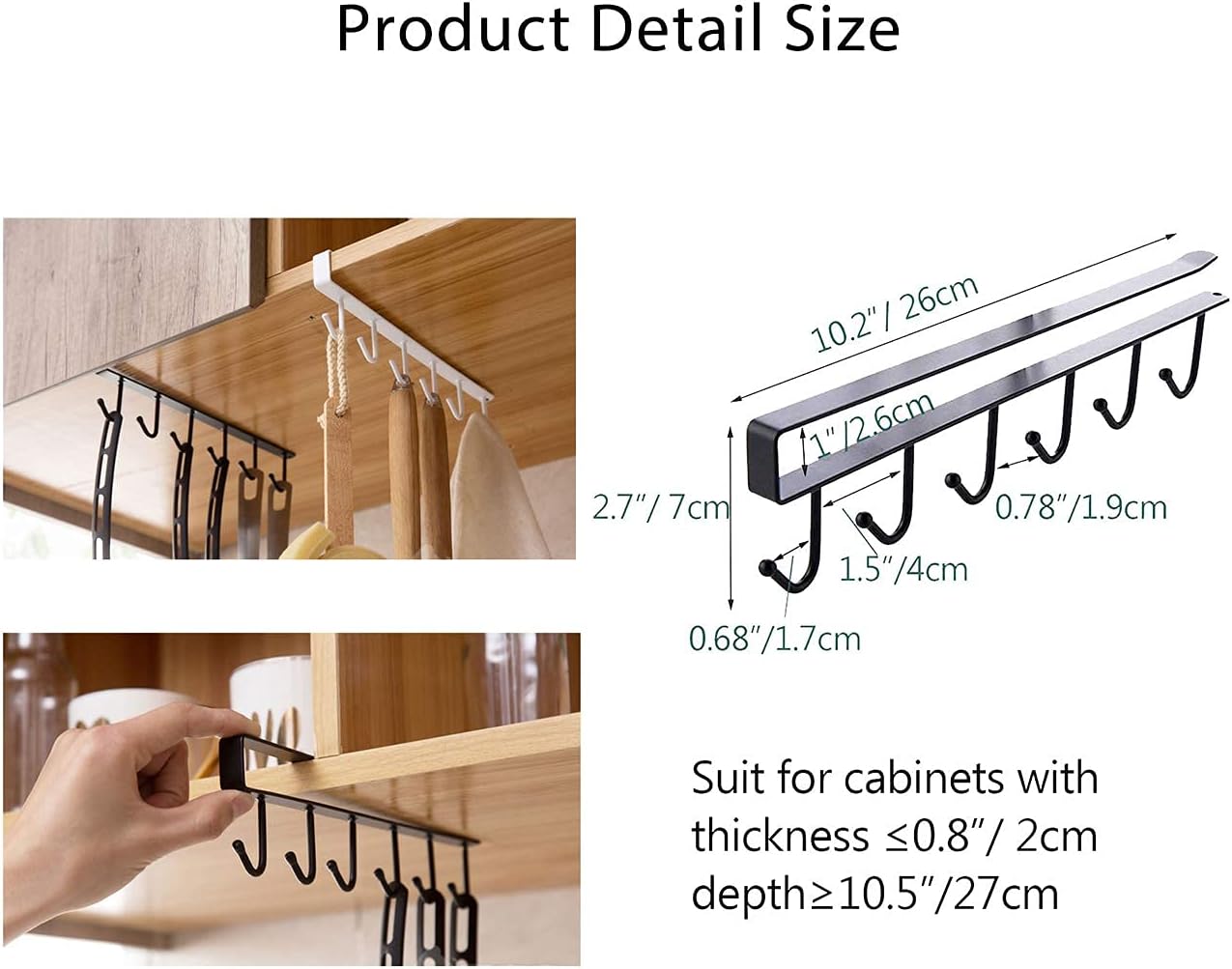 Art Secret 6-Hook Under Cabinet Mug Hanger (b- 3pcs Black)