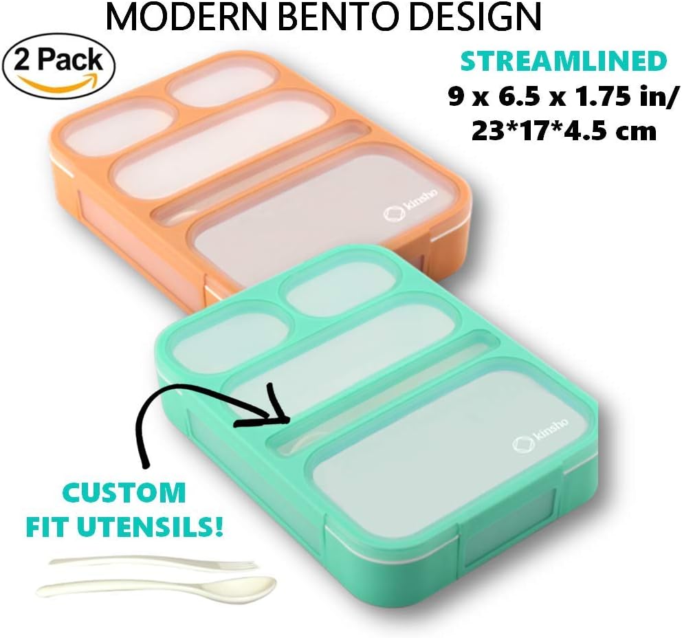 Bento Box for Adults Kids Lunches, Meal Prep Lunch-Boxes for Women Girls Boys | Leakproof Snack Containers for Toddlers Portion Control Container BPA Free | Green + Orange, 5 Compartments, 2 pack: Home & Kitchen