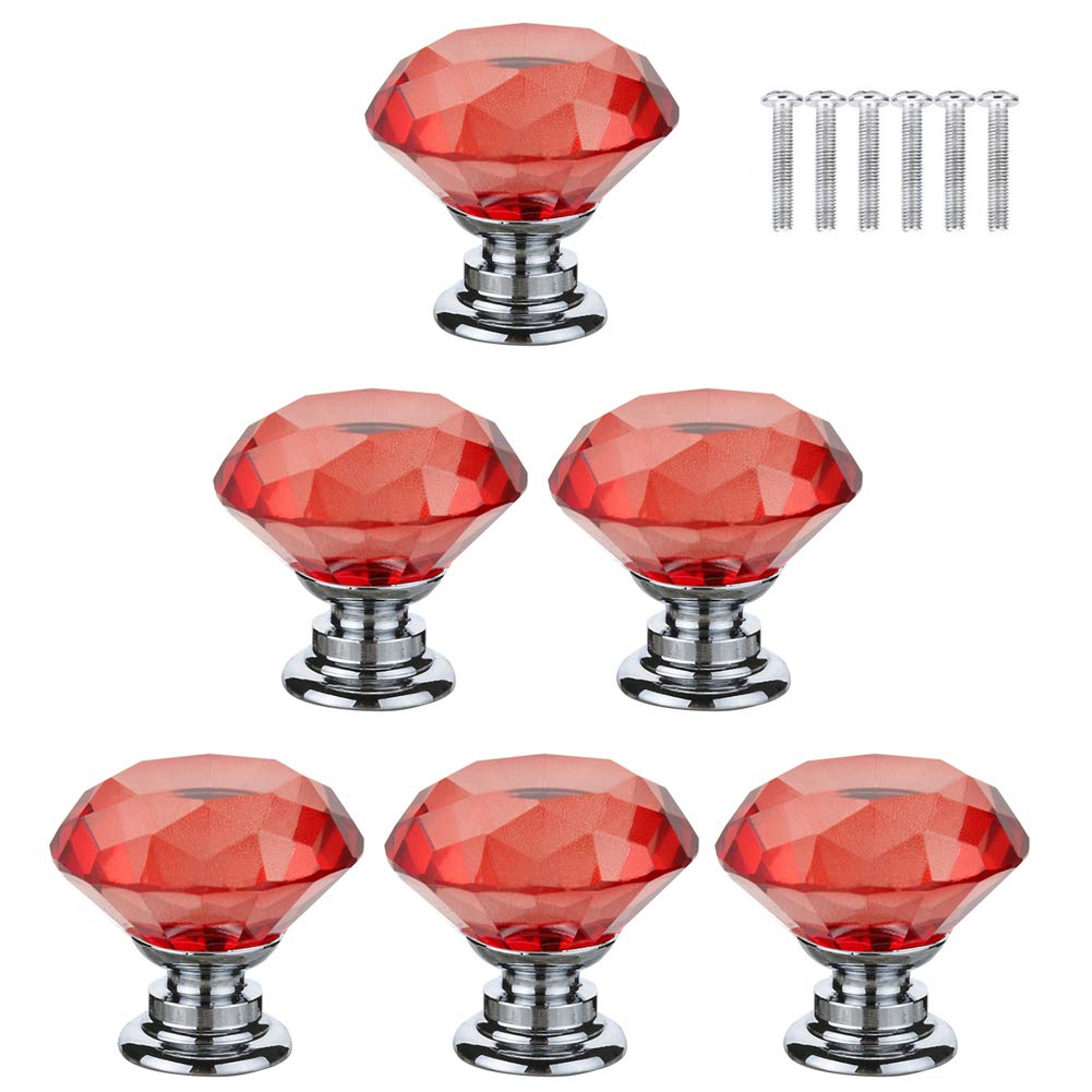 Dreneco Red Crystals Glass Door Knobs Drawer Knobs Cupboard Knobs Drawer Handles Cupboard Handles Cabinet Pulls (30mm,6pcs)