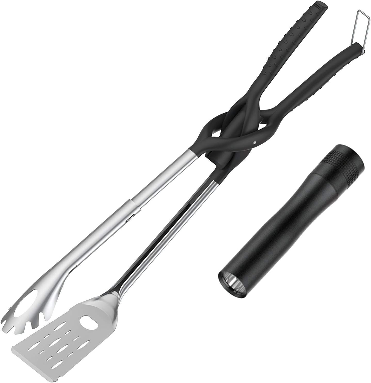 6-in-1 BBQ Spatula Grill Tong with LED Light Multi-Function Tong-lite Features Extendable Tongs, Spatula, Flashlight, Serrated Knife, Scraper, Bottle Opener and Heat Resistant Handle