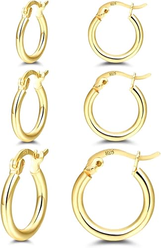 14K Gold Plated Hoop Earrings for Women, 4 Pairs Sterling Silver Post Small Hoops, Gold Huggie Earrings Set for Women Men (13mm 15mm 20mm 25mm)