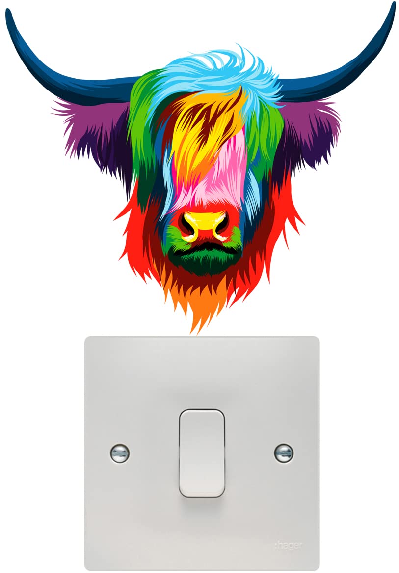 Hodge Creations Light Colourful Highland Cow Switch Wall Art Vinyl Stickers