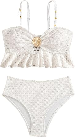 Girls 2 Piece Bikini Sets Metallic Shell Swimsuit Cut Out Ruffle Texture Top High Waisted Bathing Suits