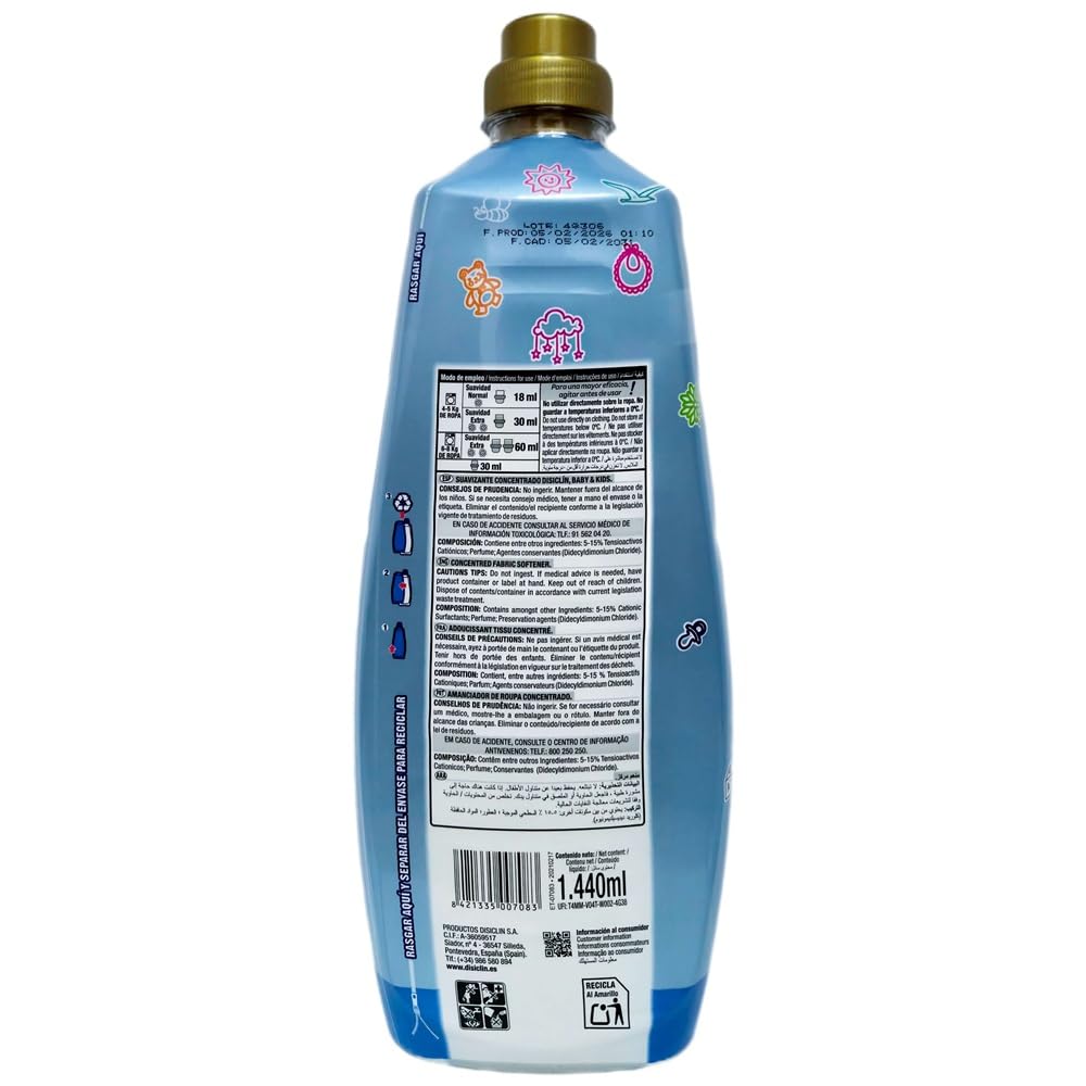 Disclin Baby & Kids | Pack 10 unidades Suavizante Concentrado Hipoalergénico Ideal para Ropa de Bebé y Niño | Aroma Suave y Fresco | Pieles Sensibles y Delicadas | 80 Lavados - 1440 ml | RASMACOR
