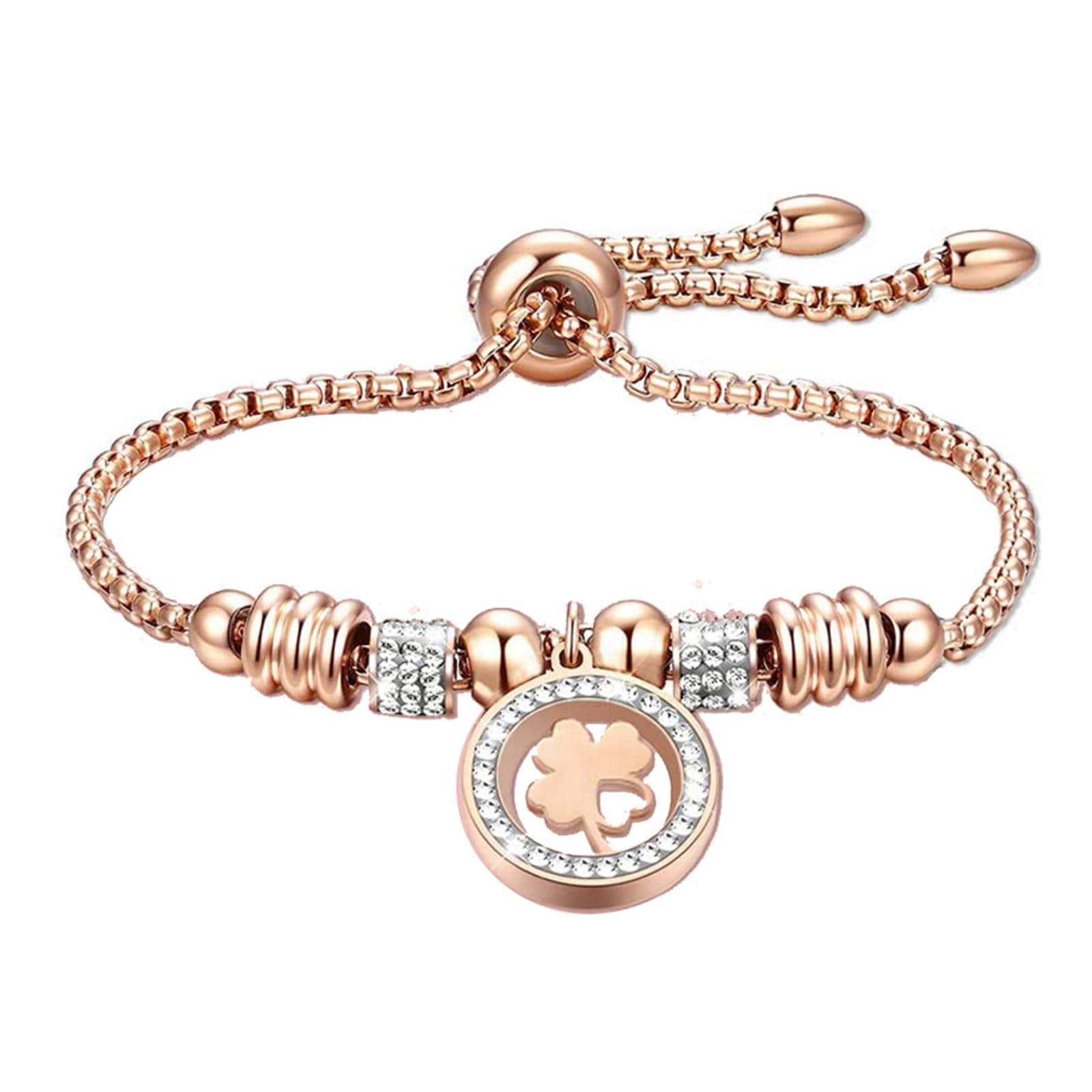 Pptabold Lucky Four-Leaf Clover Bracelet for Women, Stainless Steel Silver Bracelet Bangle with Zirconia Adjustable Ladies Jewelry Suitable Birthday Gifts for Girl Her Wife Mum Women (Silver)