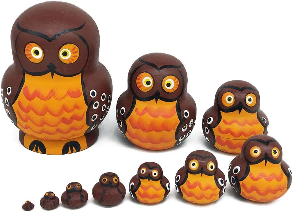 UncleS 10pcs Cartoon Shape Brown Owl Wooden Russia Nesting Dolls Matryoshka
