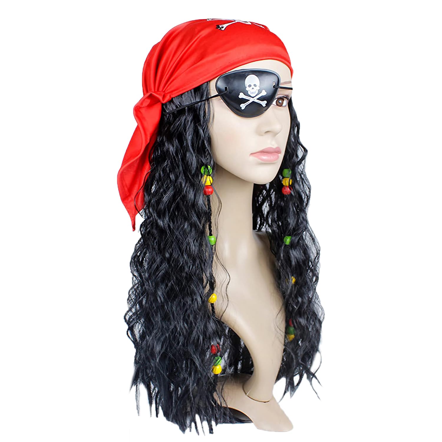 Adult Pirate Wig Cap Halloween Role Playing Pirate Wig Headpiece Eye Patches Jack Captain Fancy Dress Cosplay Accessory for Halloween Party Stage
