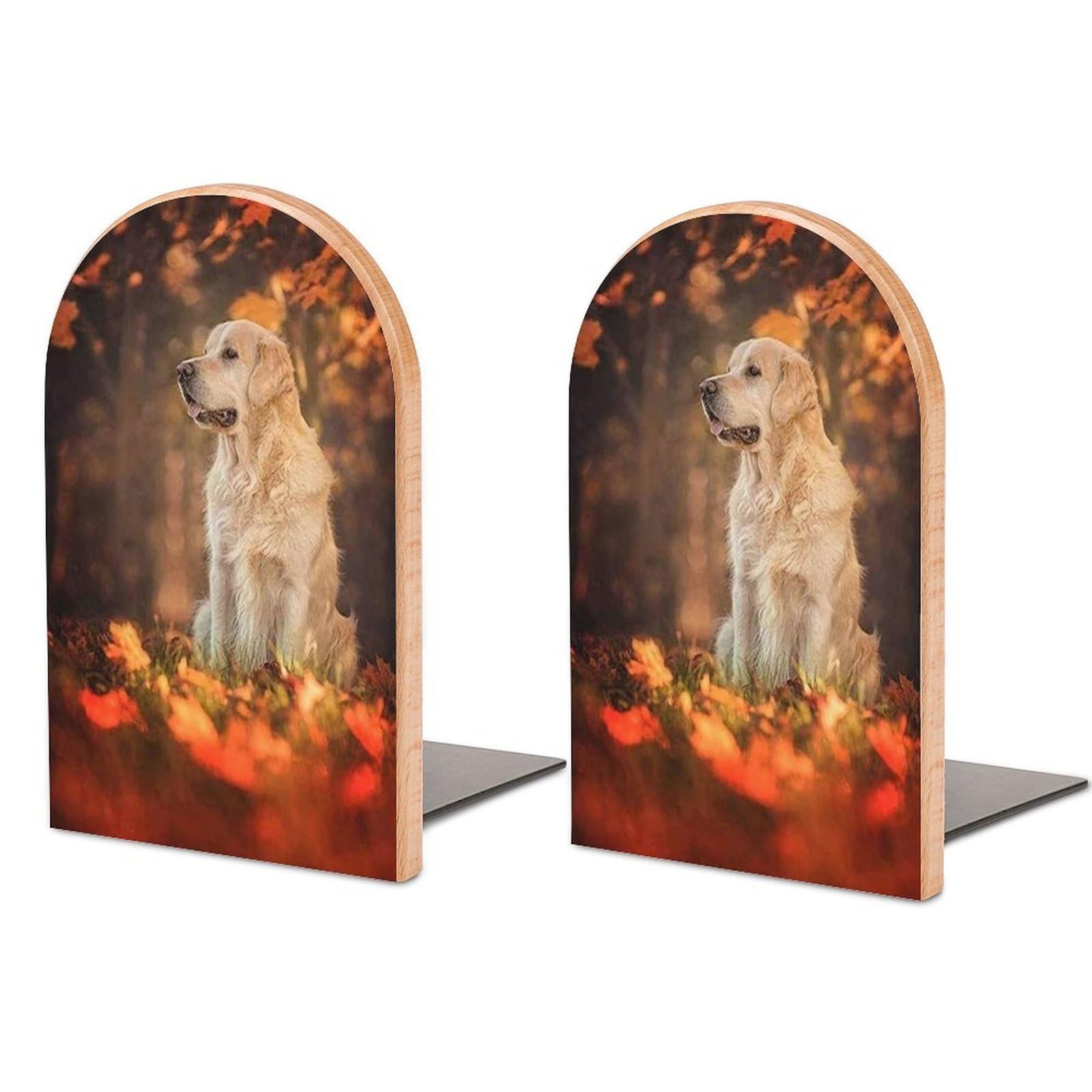 Round Drill Dog Golden Retriever Full Drill Beech Wood Bookends Heavy Duty Book Organizers Desktop File Holder for Office Home Bookshelf