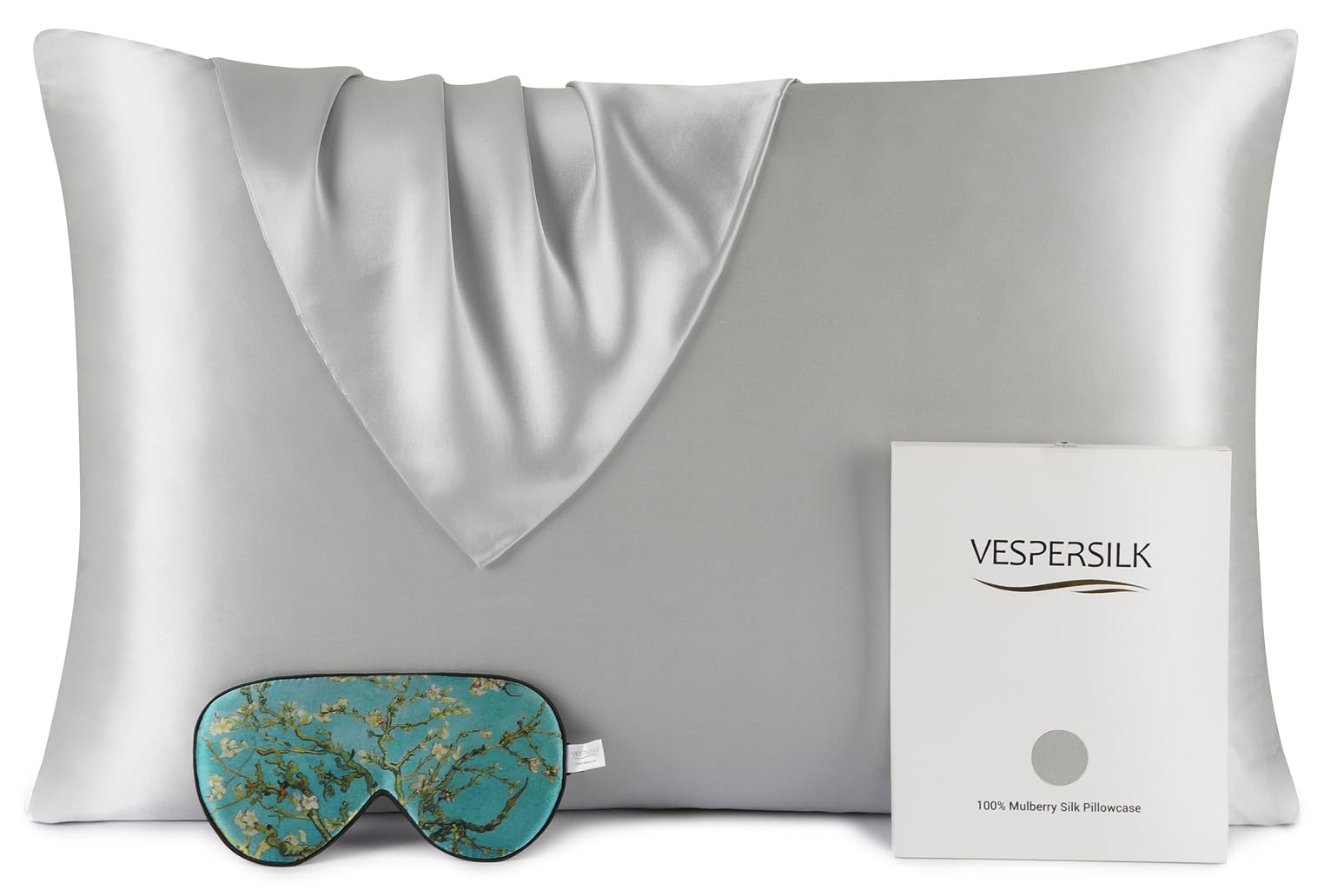 Vespersilk Silver Grey 100% Mulberry Silk Pillowcase & Eye Mask Set For Hair And Skin Health, 19 Momme Grade 6A Organic Silk Both Sides, With Hidden Zipper (Standard 50X75cm, )