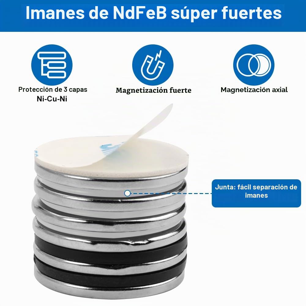 Imanes De Neodimio Fuertes 30x3mm, 6 Piezas, Portante 8 Kg, con Autoadhesivos
