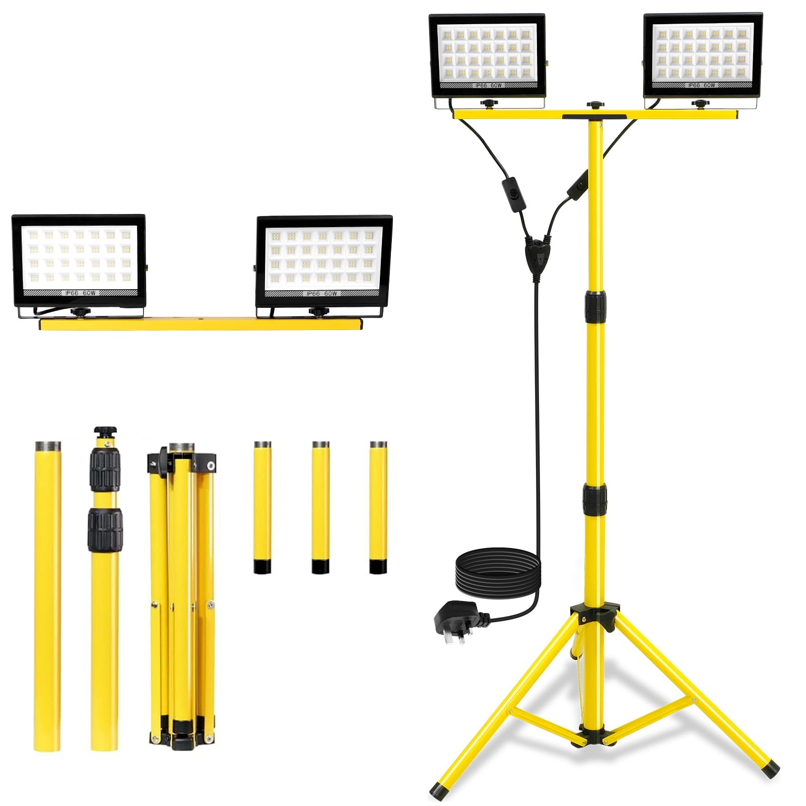 11000Lumen Tripod LED Work Light with Stand, 2 Adjustable Twin Head Floodlight with 13.1FT Cord IP66 Waterproof Foldable Construction Work Lights for Indoor Outdoor Job Site Workshop Garage