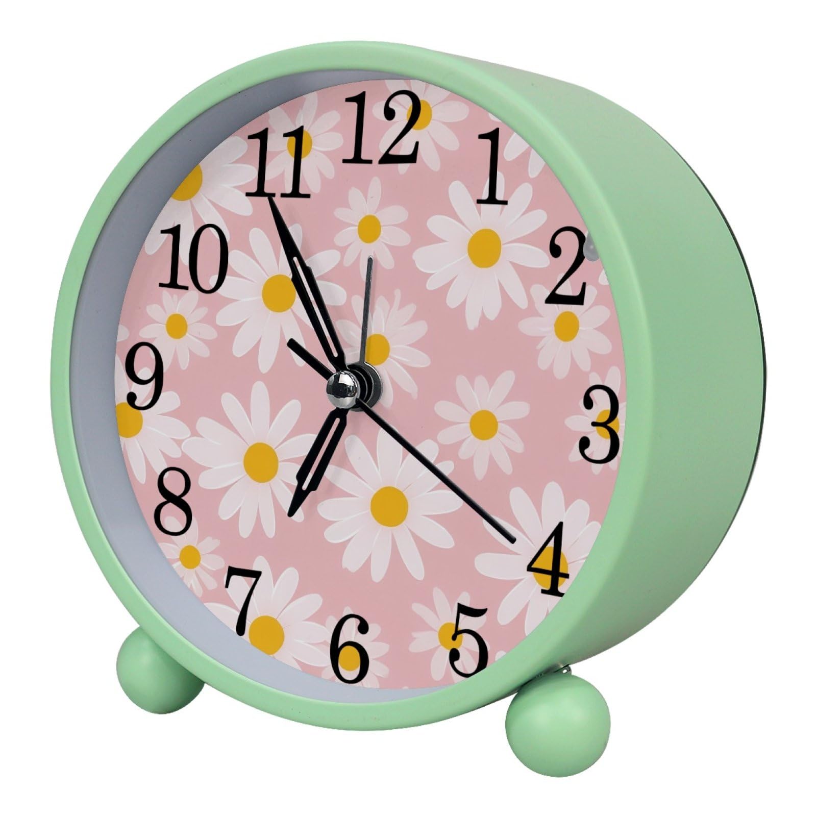 etoenbrc Cute Pink and Daisy Wildflowers Round Battery Operated Bedside Alarm Clock Non-Ticking Desktop Silent Analog Alarm Clock with Light
