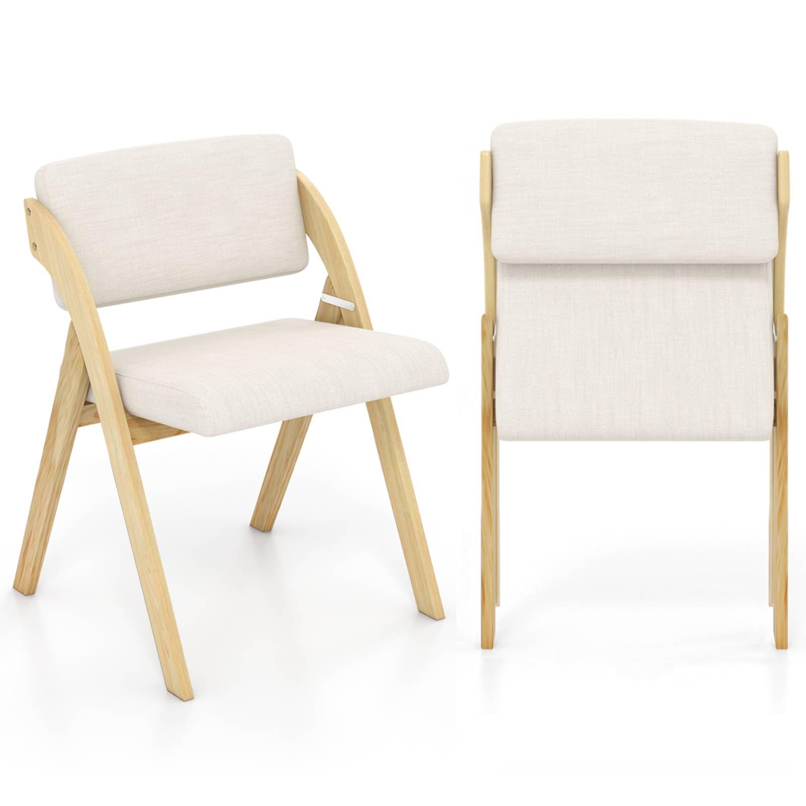 COSTWAY Padded Folding Chair Set of 2, Wooden Counter Dining Chairs with Linen Fabric Seat, Backrest & Rubber Wood Legs, Modern Upholstered Kitchen Office Conference Seats, No Assembly (Beige)