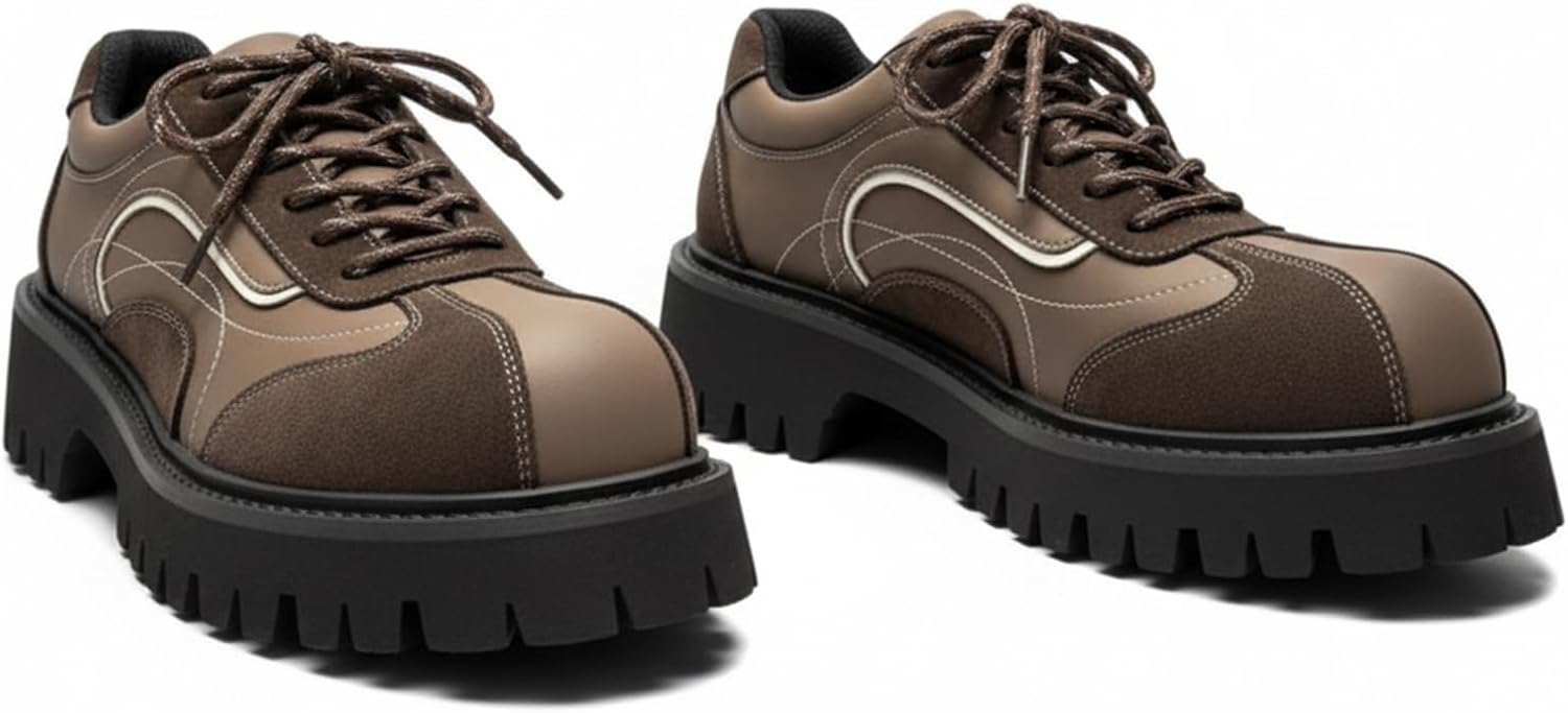 Men's Leather Patchwork Chunky Platform Fashion Oxford Shoes Retro Round Toe Lug Sole Non-Slip Lace-Up Derby Shoes for Walking, Parties, Dates.