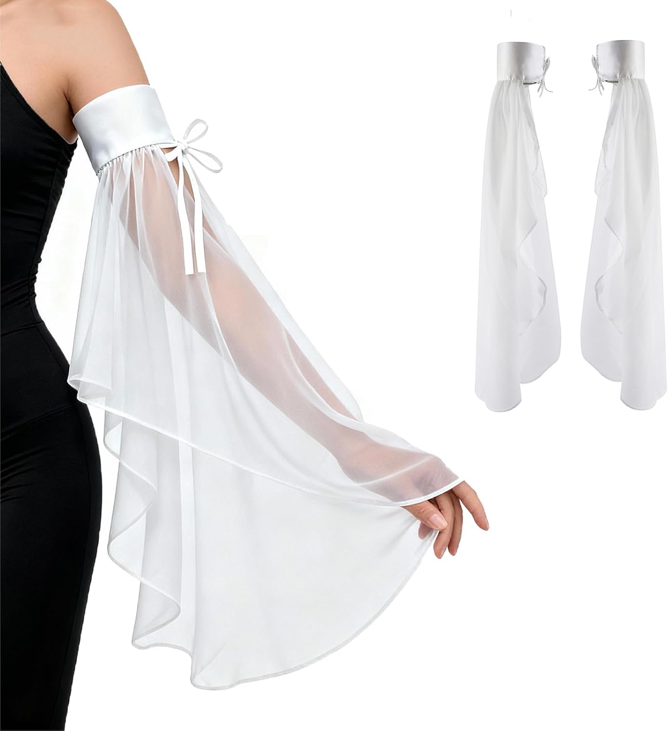 2Pcs Long Tulle Sleeves for Women, Detachable Bell Sleeves with Adjustable Tie Strings, Elegant Chiffon Victorian Sleeve