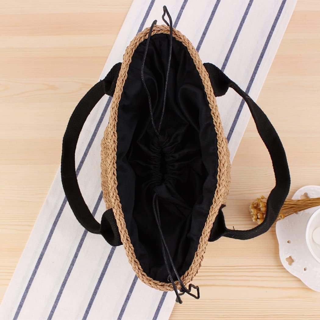 Casual Straw Bag Natural Tote Bag Women Handbag Braided Garden Bag Rattan Handwoven Bucket Hand Worn Straw Bag Black Canvas Summer Holiday Beach Bag Retro, brown, 28*22*15 cm