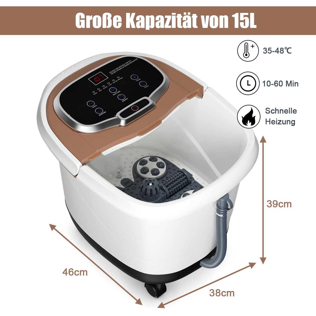 SOARS Fußbad Massagegerät elektrisch, Fußbadewanne mit Abnehmbarer Massagefläche, mobiles Fußmassagegerät mit Heizungs- & Dusch-Funktion, 10-60min Timer, 35-48℃ (Braun)